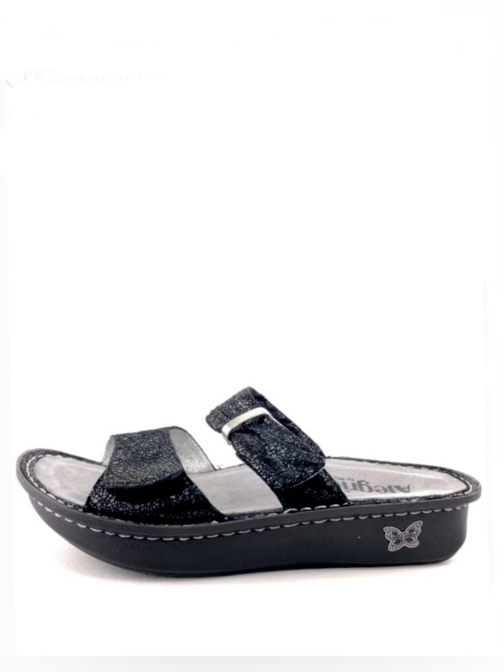 ALEGRIA Sandal Karmen Velcro Closure Straps Black Silver Metallic Slide
